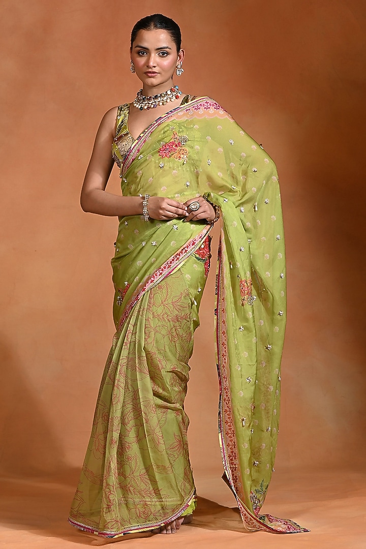 Lime Organza Wedding Saree Set by Rishi & Vibhuti at Pernia's Pop Up Shop