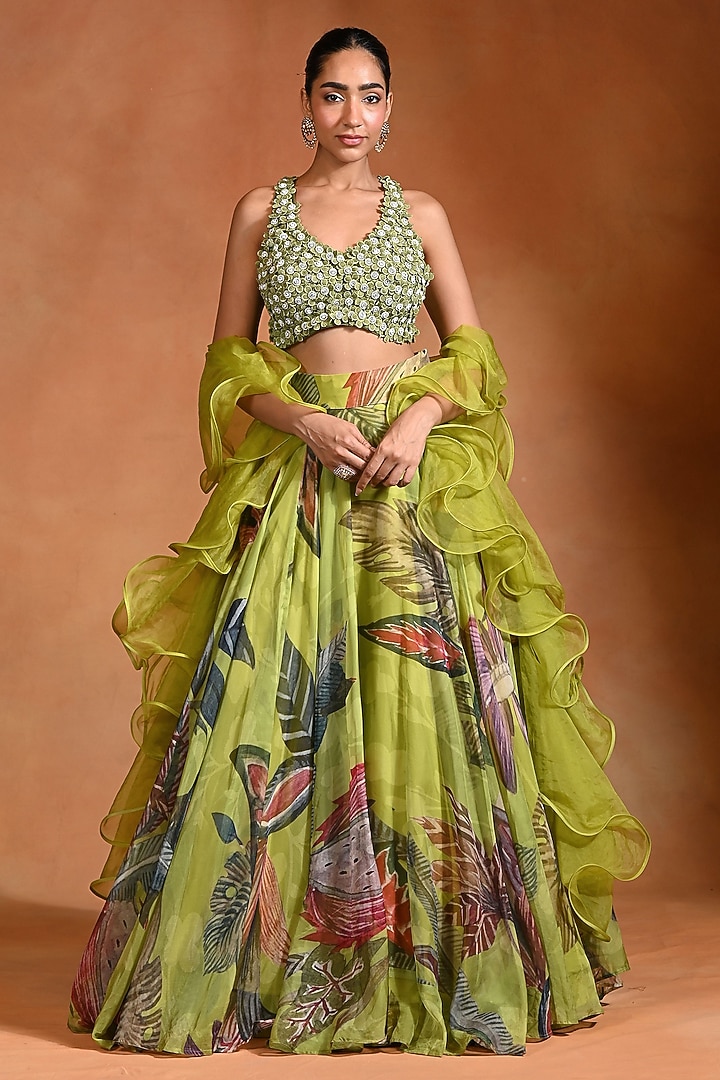 Lime Organza Hand Embroidered Wedding Lehenga Set by Rishi & Vibhuti at Pernia's Pop Up Shop