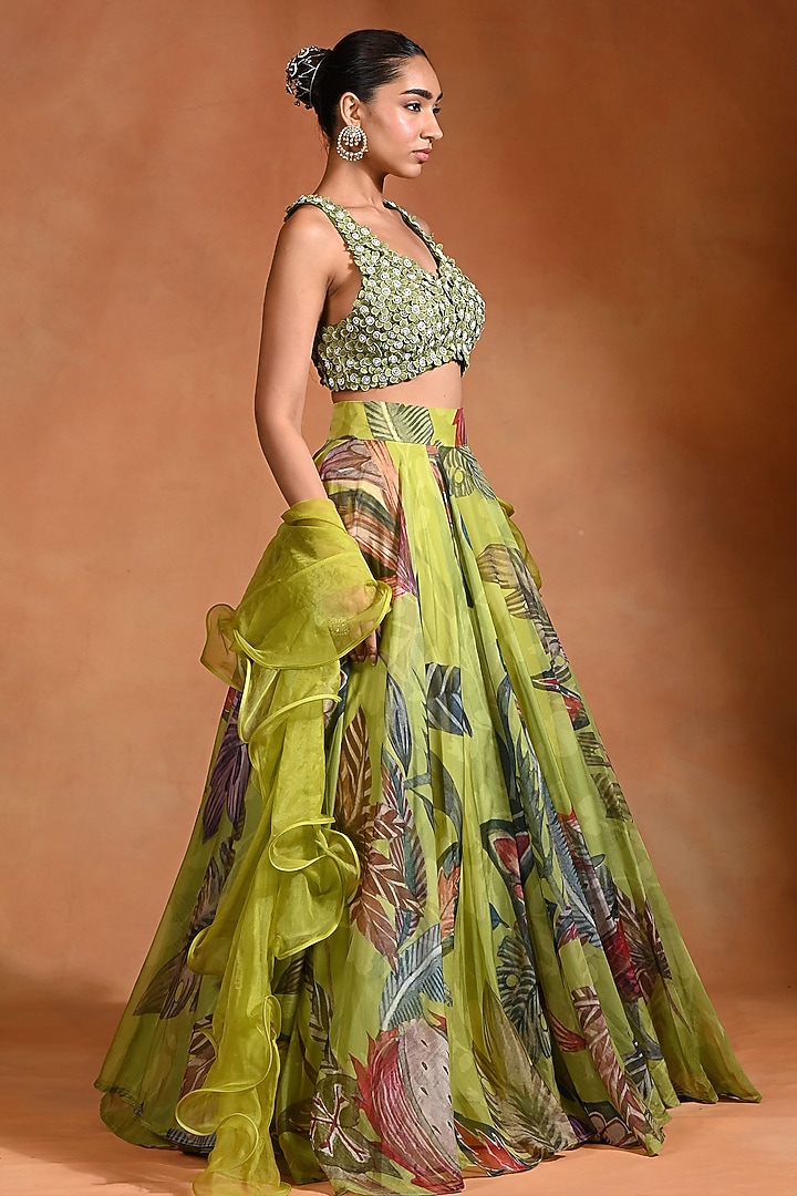 Lime Organza Hand Embroidered Wedding Lehenga Set by Rishi & Vibhuti at Pernia's Pop Up Shop
