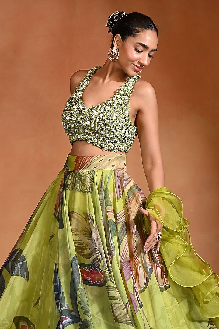 Lime Organza Hand Embroidered Wedding Lehenga Set by Rishi & Vibhuti at Pernia's Pop Up Shop