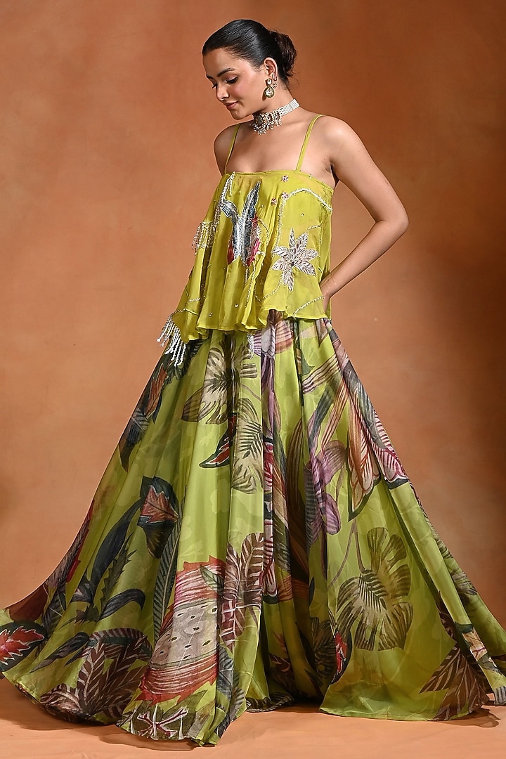 Lime Organza Hand Embroidered Wedding Lehenga Set by Rishi & Vibhuti at Pernia's Pop Up Shop