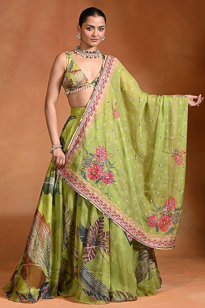 Lime Organza Hand Embroidered Wedding Lehenga Set by Rishi & Vibhuti at Pernia's Pop Up Shop