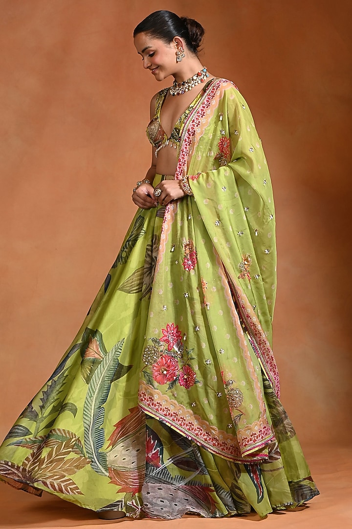 Lime Organza Hand Embroidered Wedding Lehenga Set by Rishi & Vibhuti at Pernia's Pop Up Shop