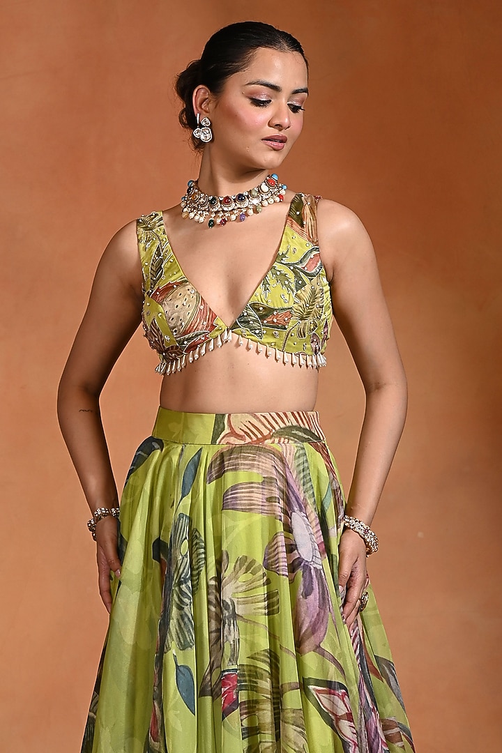 Lime Organza Hand Embroidered Wedding Lehenga Set by Rishi & Vibhuti at Pernia's Pop Up Shop