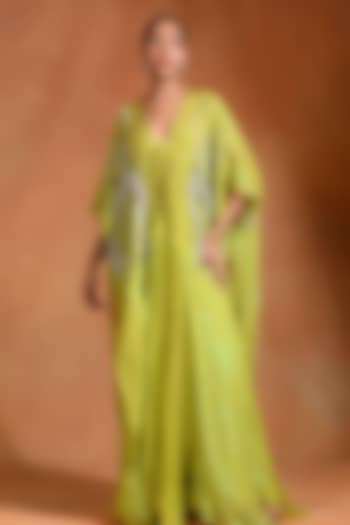 Lime Crepe & Organza Hand Embroidered Kaftan Set by Rishi & Vibhuti at Pernia's Pop Up Shop