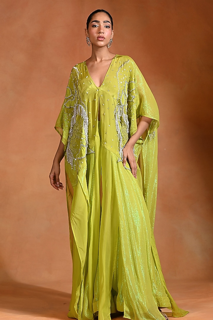 Lime Crepe & Organza Hand Embroidered Kaftan Set by Rishi & Vibhuti at Pernia's Pop Up Shop