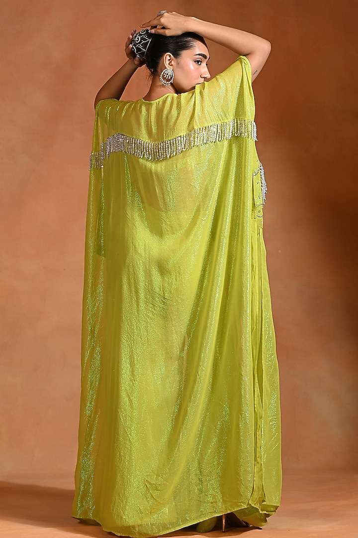 Lime Crepe & Organza Hand Embroidered Kaftan Set by Rishi & Vibhuti at Pernia's Pop Up Shop