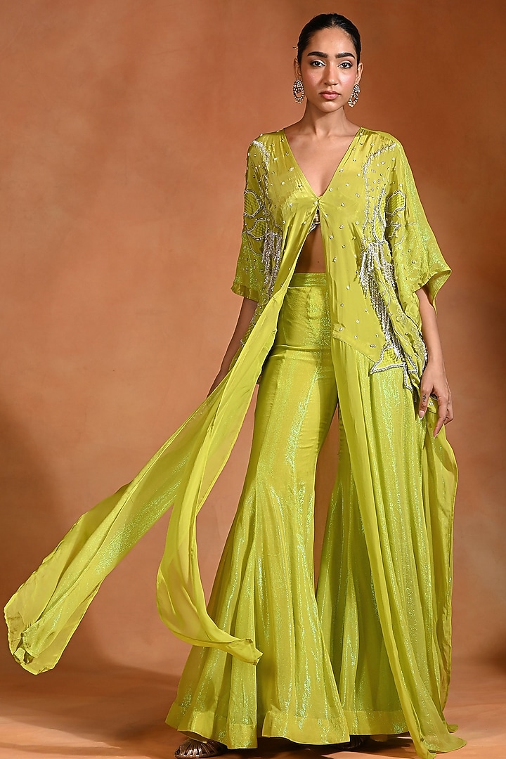 Lime Crepe & Organza Hand Embroidered Kaftan Set by Rishi & Vibhuti at Pernia's Pop Up Shop