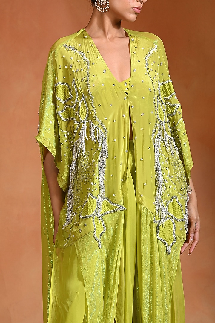 Lime Crepe & Organza Hand Embroidered Kaftan Set by Rishi & Vibhuti at Pernia's Pop Up Shop