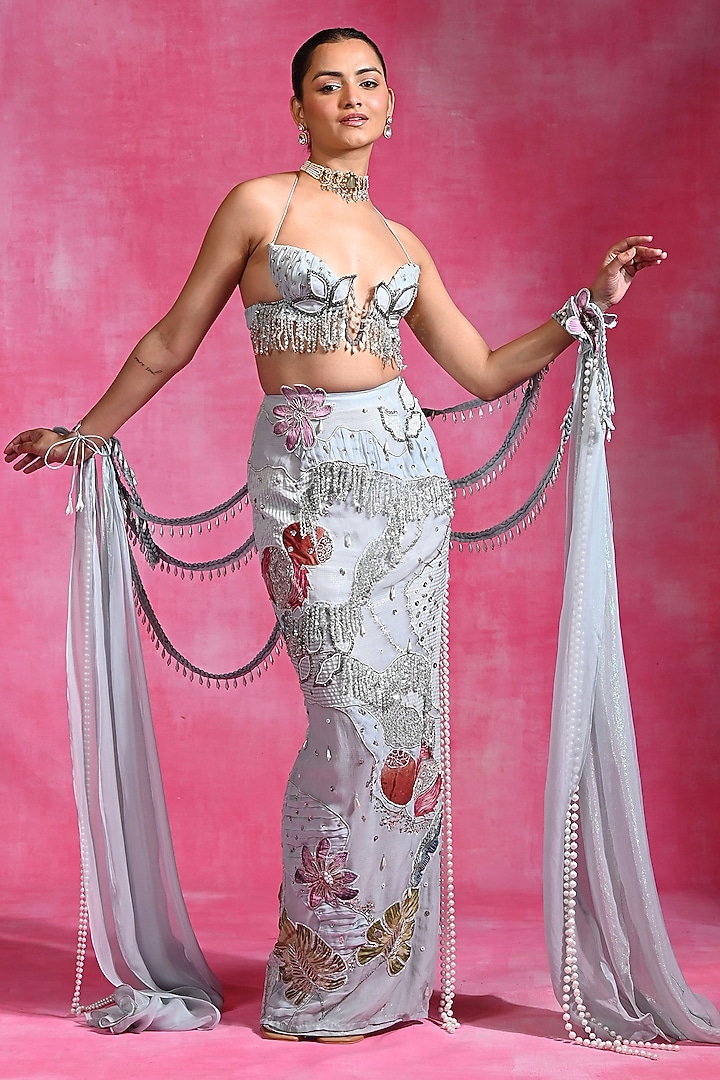 Icy Blue Organza & Crepe Embellished Skirt Set by Rishi & Vibhuti at Pernia's Pop Up Shop