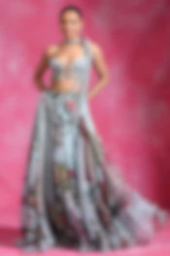 Icy Blue Organza & Crepe Hand Embroidered Skirt Set by Rishi & Vibhuti at Pernia's Pop Up Shop