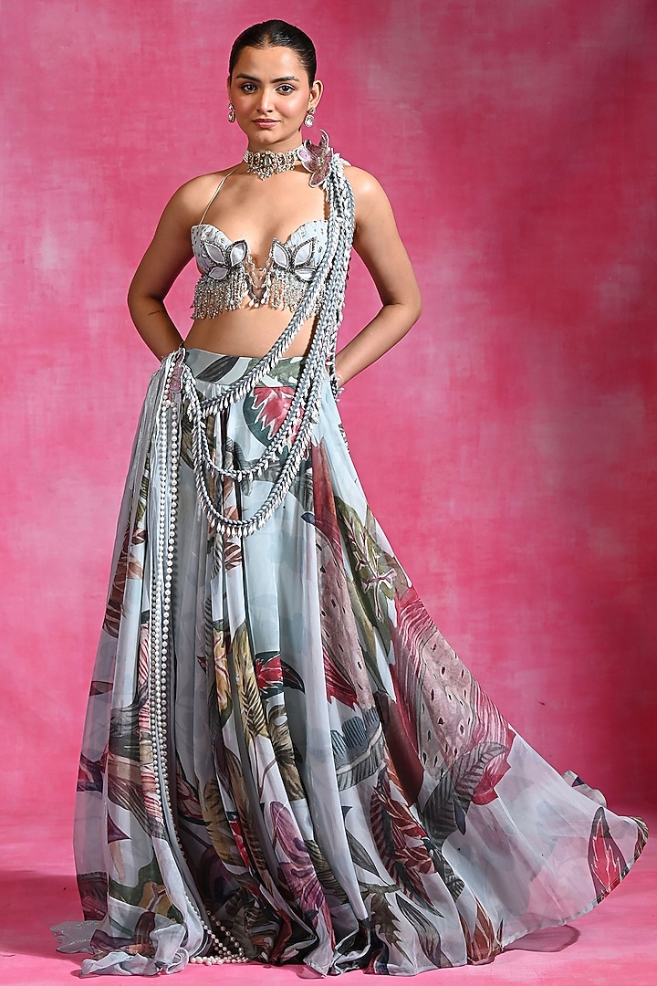 Icy Blue Organza & Crepe Hand Embroidered Skirt Set by Rishi & Vibhuti at Pernia's Pop Up Shop