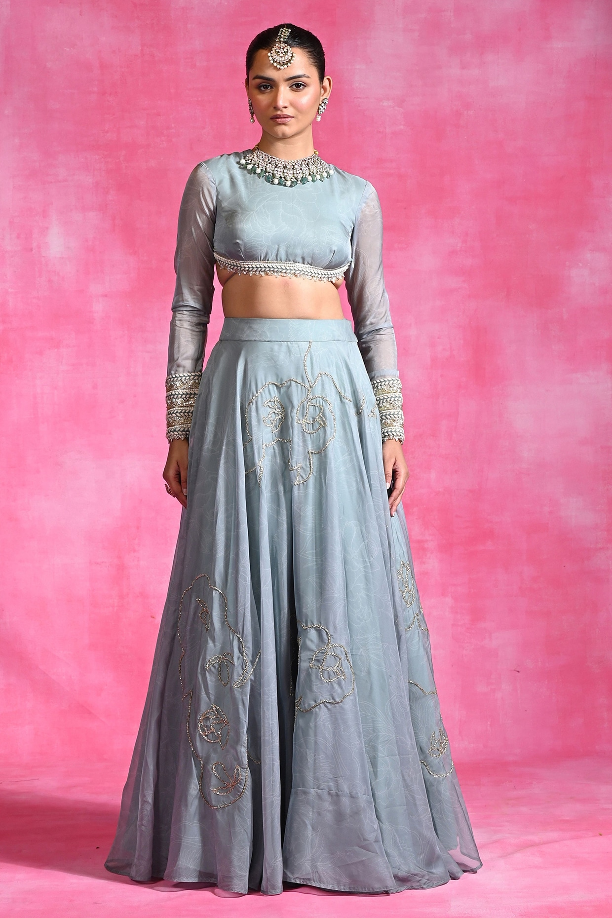 Rishi & Vibhuti Icy Blue Organza Hand Embroidered Lehenga Set