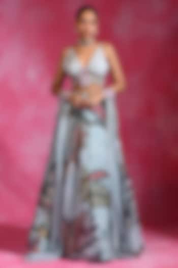 Icy Blue Crepe & Organza Hand Embroidered Wedding Lehenga Set by Rishi & Vibhuti at Pernia's Pop Up Shop