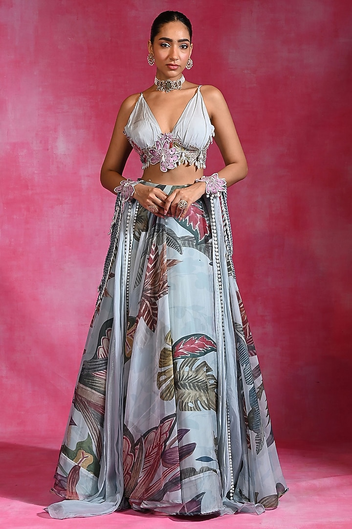 Icy Blue Crepe & Organza Hand Embroidered Wedding Lehenga Set by Rishi & Vibhuti at Pernia's Pop Up Shop