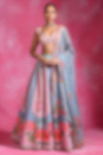Icy Blue Crepe Sequins Embroidered Wedding Lehenga Set by Rishi & Vibhuti at Pernia's Pop Up Shop