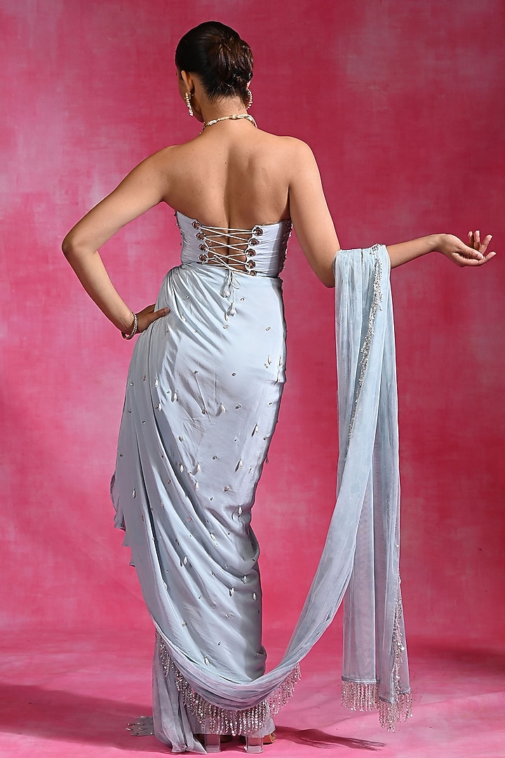 Icy Blue Crepe & Net Hand Embroidered Draped Wedding Saree Set by Rishi & Vibhuti at Pernia's Pop Up Shop