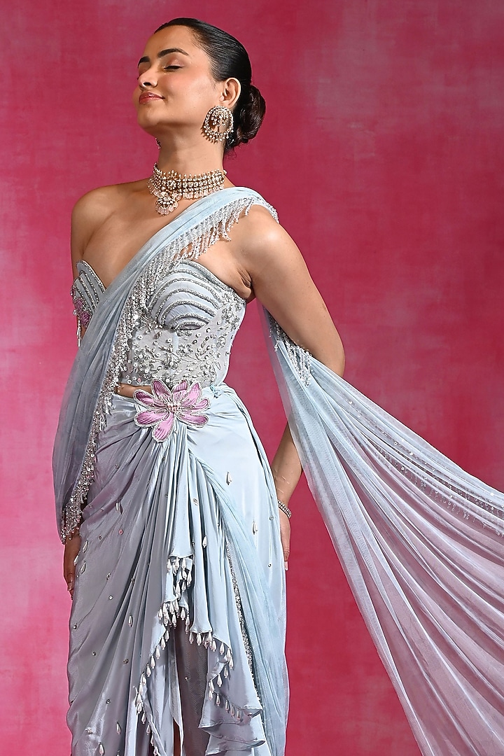Icy Blue Crepe & Net Hand Embroidered Draped Wedding Saree Set by Rishi & Vibhuti at Pernia's Pop Up Shop