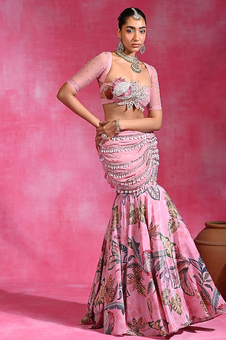 Sugar Pink Crepe & Organza Hand Embroidered Wedding Lehenga Set by Rishi & Vibhuti at Pernia's Pop Up Shop
