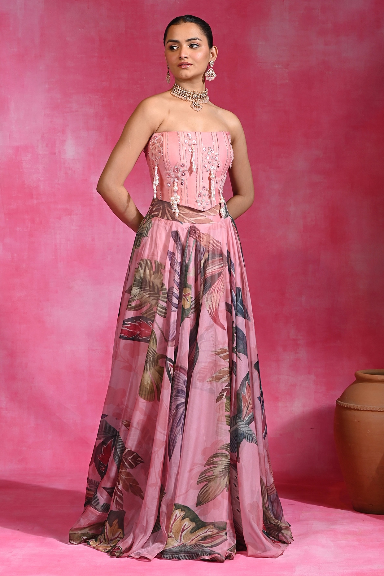Rishi & Vibhuti Sugar Pink Organza & Chanderi Lehenga Set