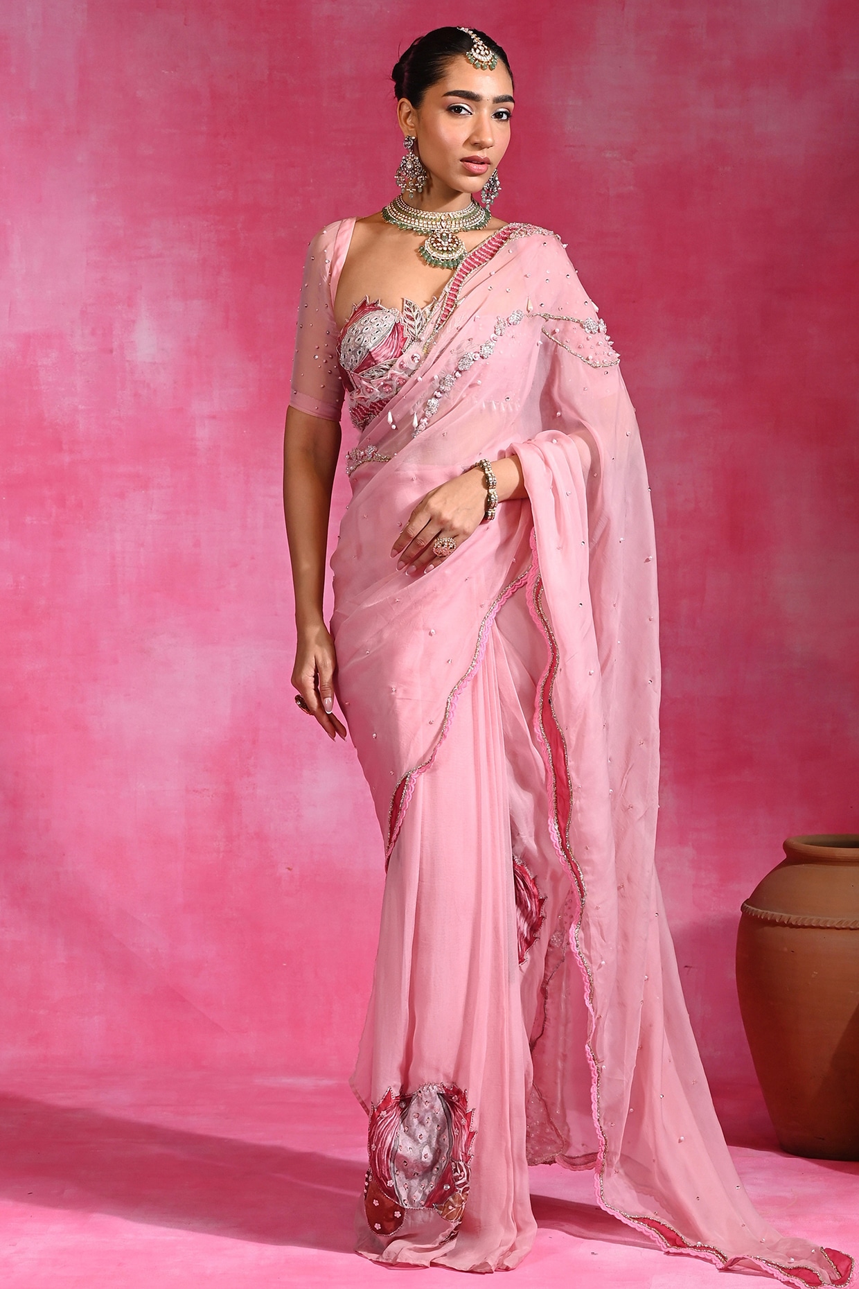 Rishi & Vibhuti Sugar Pink Organza Hand Embroidered Pre-Stitched Saree Set