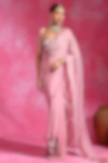 Sugar Pink Organza Hand Embroidered Pre-Stitched Wedding Saree Set by Rishi & Vibhuti at Pernia's Pop Up Shop