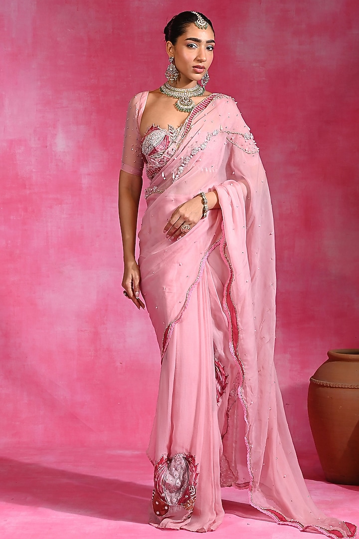 Sugar Pink Organza Hand Embroidered Pre-Stitched Wedding Saree Set by Rishi & Vibhuti at Pernia's Pop Up Shop