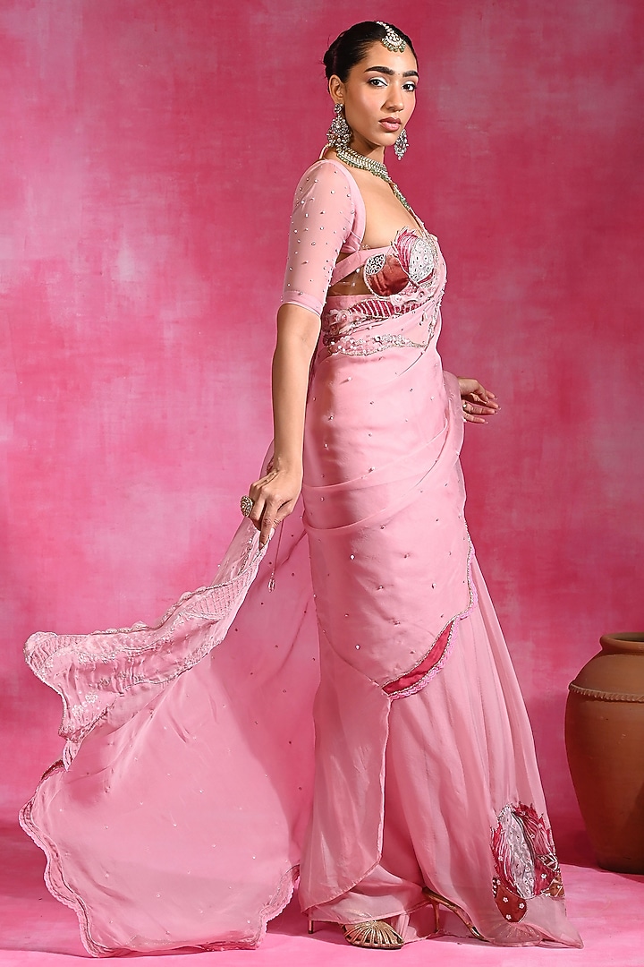 Sugar Pink Organza Hand Embroidered Pre-Stitched Wedding Saree Set by Rishi & Vibhuti at Pernia's Pop Up Shop