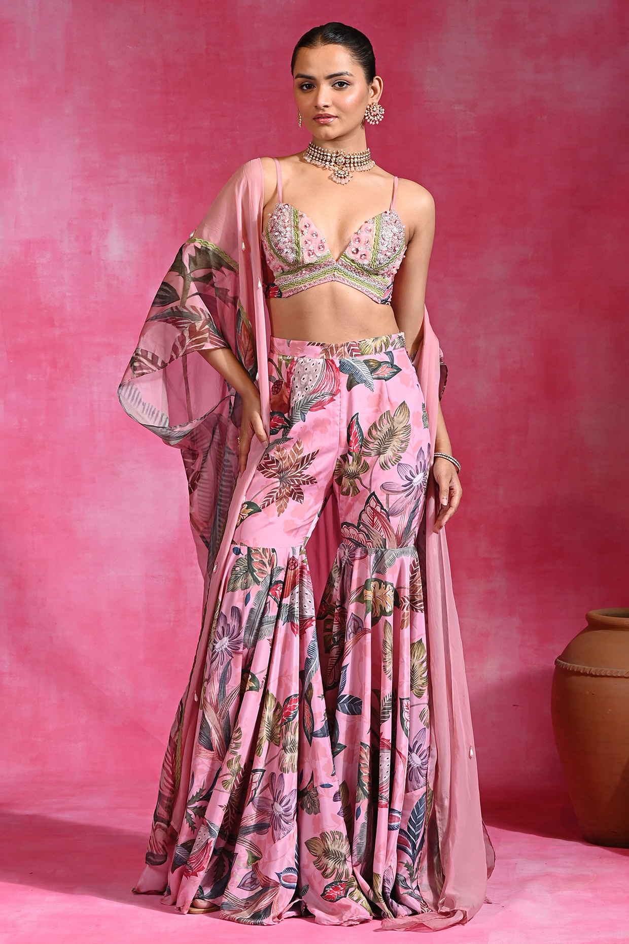 Rishi & Vibhuti Sugar Pink Organza & Crepe Sharara Set
