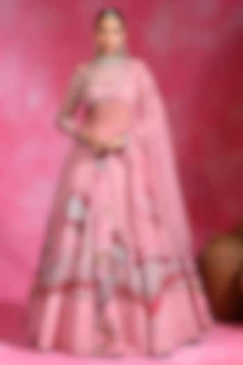 Sugar Pink Organza & Net Hand Embroidered Bridal Lehenga Set by Rishi & Vibhuti at Pernia's Pop Up Shop