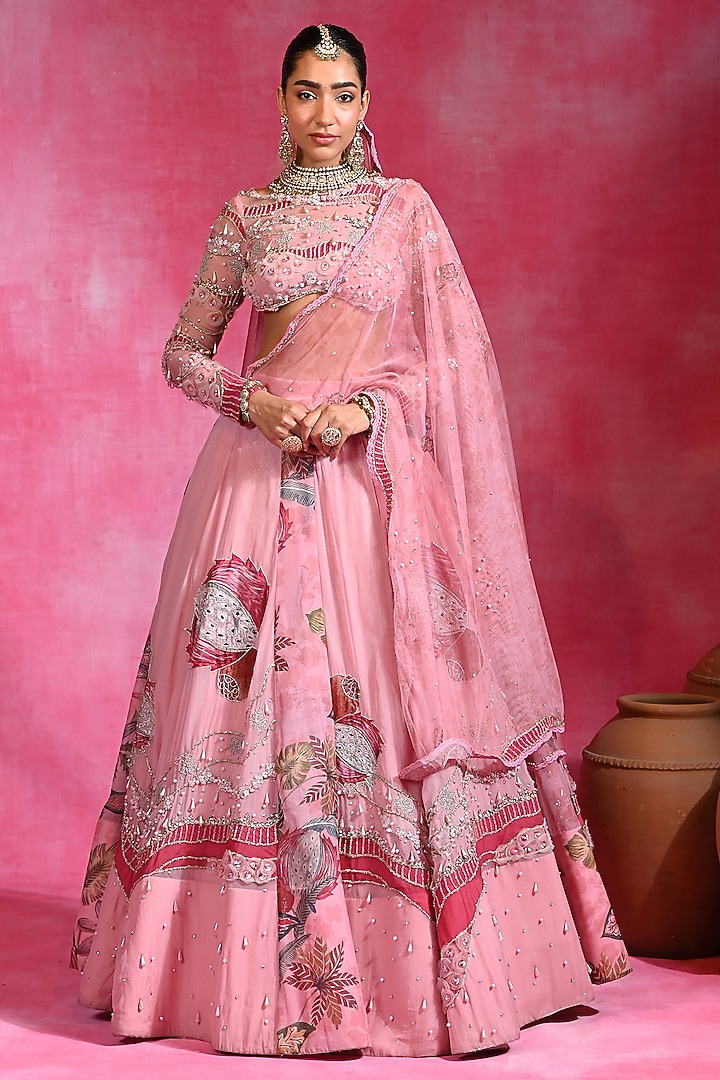 Sugar Pink Organza & Net Hand Embroidered Bridal Lehenga Set by Rishi & Vibhuti at Pernia's Pop Up Shop