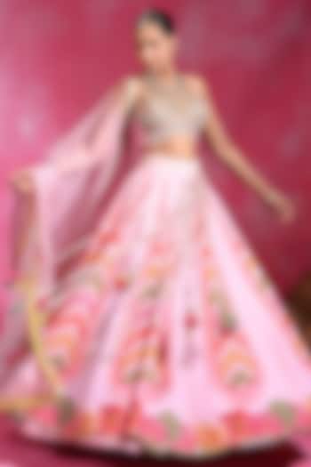 Sugar Pink Crepe & Organza Hand Embroidered Wedding Lehenga Set by Rishi & Vibhuti at Pernia's Pop Up Shop
