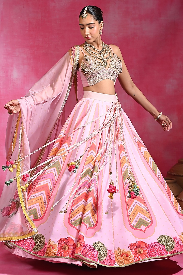 Sugar Pink Crepe & Organza Hand Embroidered Wedding Lehenga Set by Rishi & Vibhuti at Pernia's Pop Up Shop