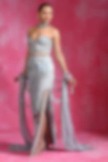Ice Blue Net & Organza Embellished Skirt Set by Rishi & Vibhuti at Pernia's Pop Up Shop