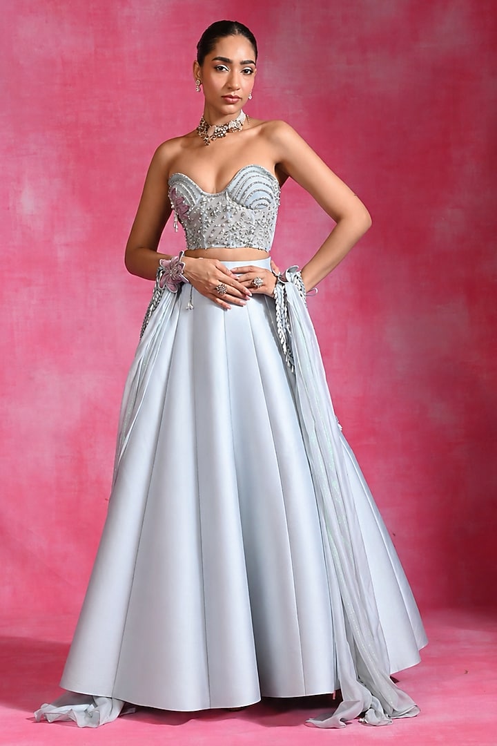 Ice Blue Net & Silk Wedding Lehenga Set by Rishi & Vibhuti at Pernia's Pop Up Shop