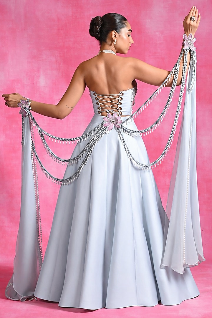 Ice Blue Net & Silk Wedding Lehenga Set by Rishi & Vibhuti at Pernia's Pop Up Shop