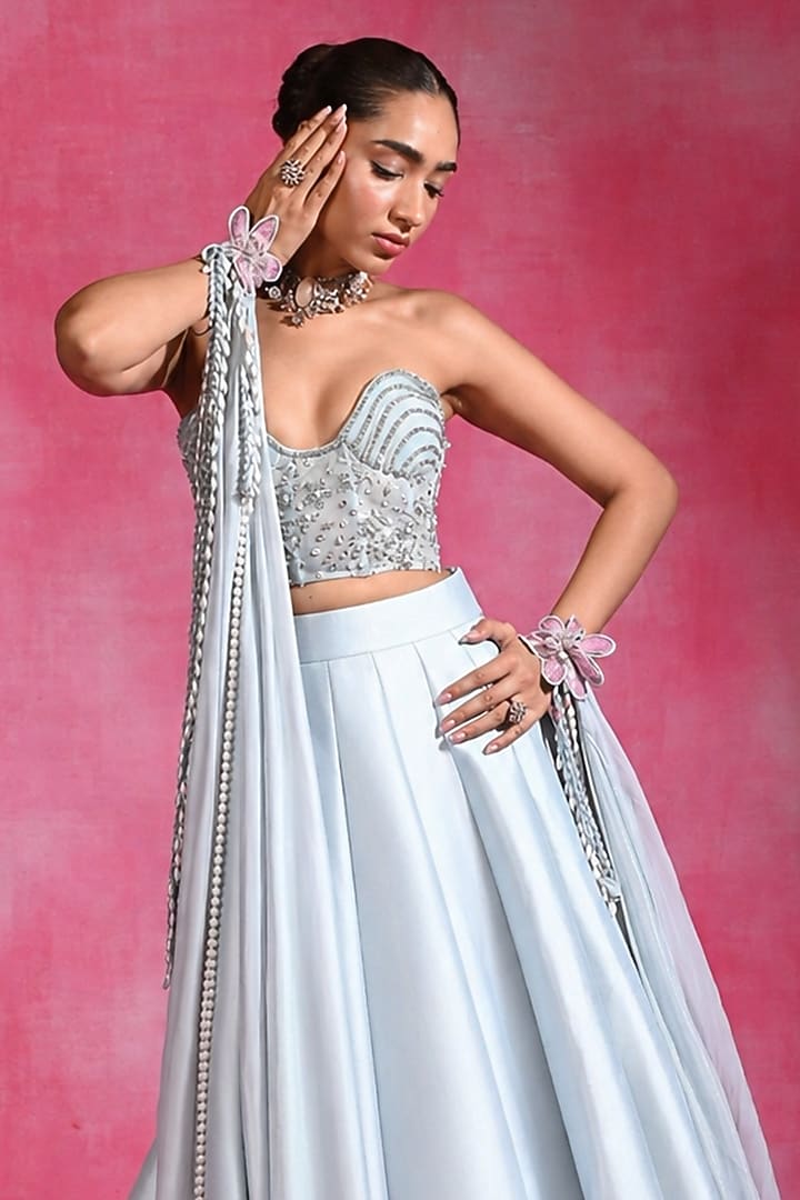 Ice Blue Net & Silk Wedding Lehenga Set by Rishi & Vibhuti at Pernia's Pop Up Shop
