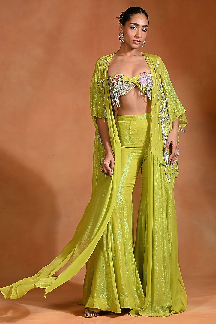Lime Crepe & Georgette Flared Pant Set by Rishi & Vibhuti at Pernia's Pop Up Shop