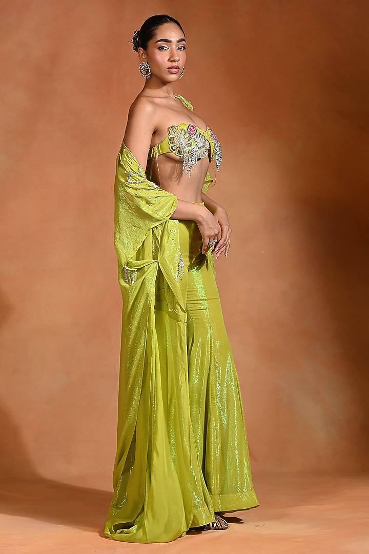 Lime Crepe & Georgette Flared Pant Set by Rishi & Vibhuti at Pernia's Pop Up Shop
