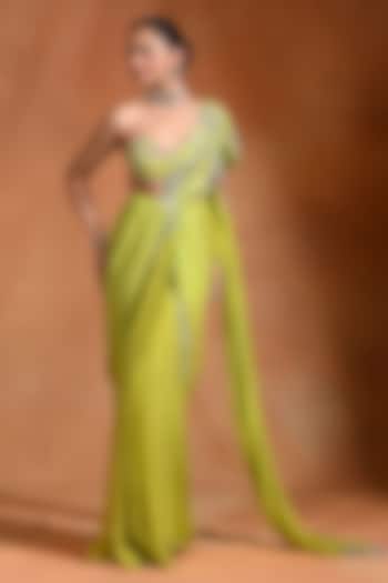 Lime Crepe & Georgette Hand Embroidered Draped Wedding Saree Set by Rishi & Vibhuti at Pernia's Pop Up Shop
