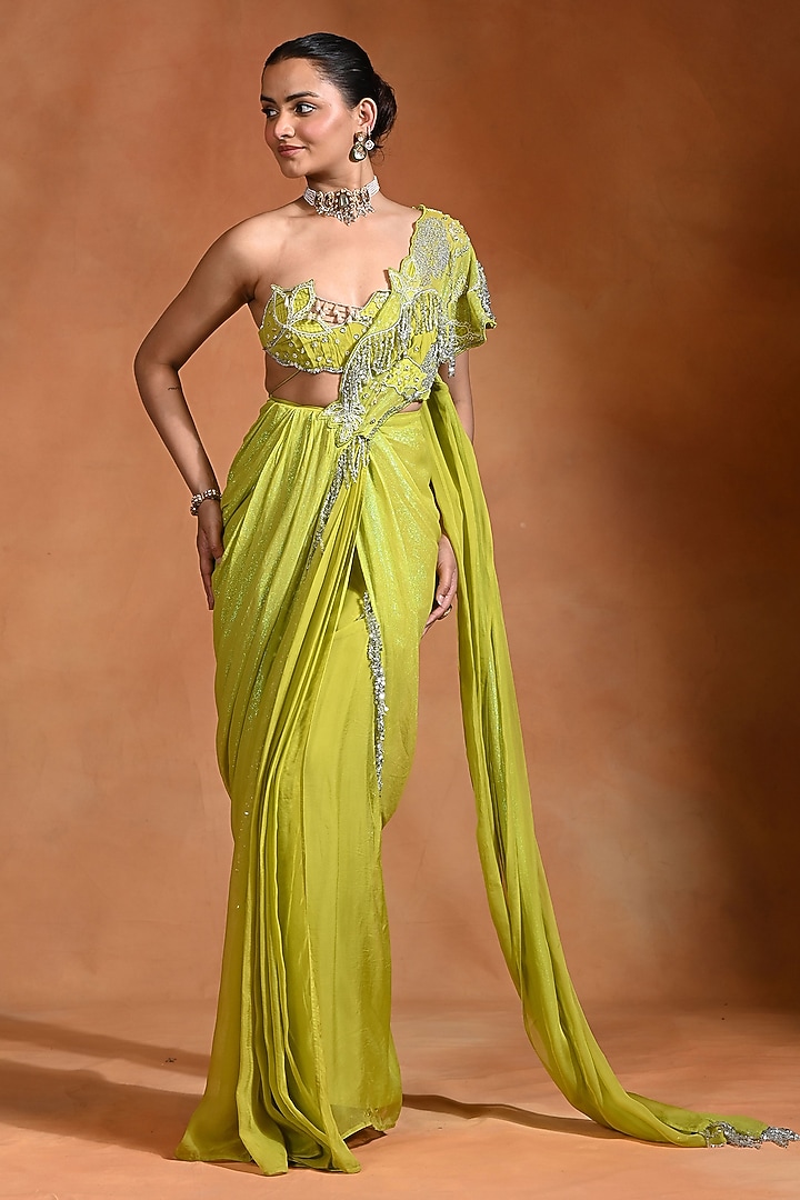 Lime Crepe & Georgette Hand Embroidered Draped Wedding Saree Set by Rishi & Vibhuti at Pernia's Pop Up Shop