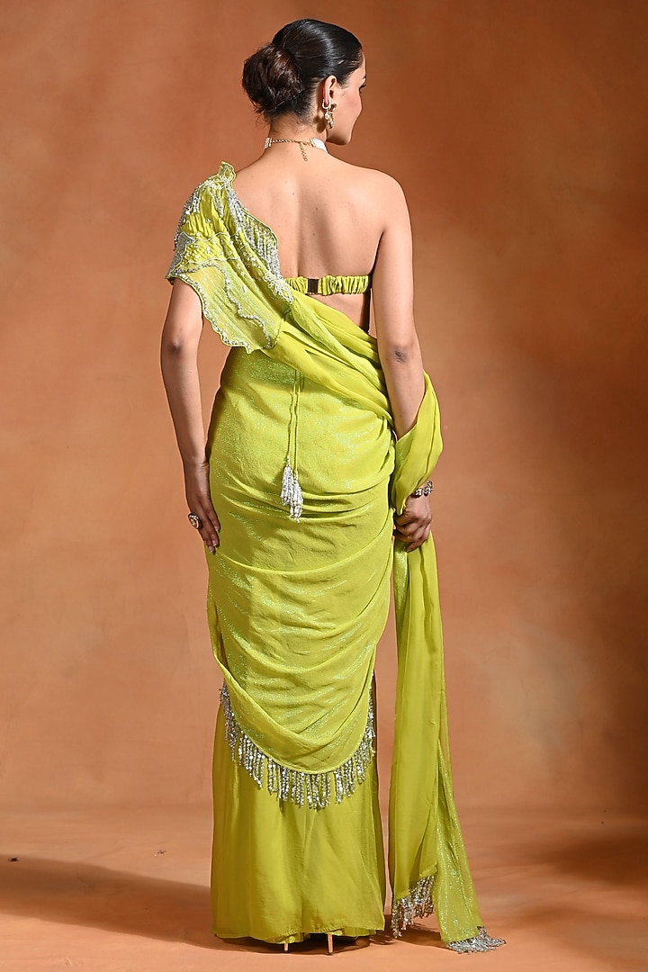 Lime Crepe & Georgette Hand Embroidered Draped Wedding Saree Set by Rishi & Vibhuti at Pernia's Pop Up Shop