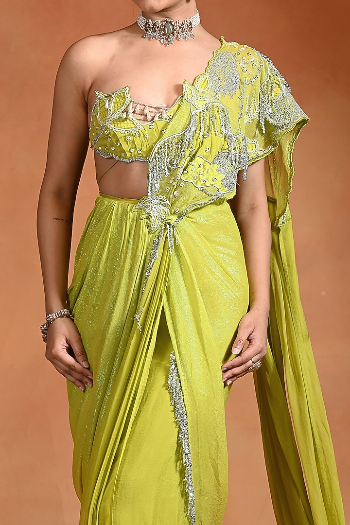 Lime Crepe & Georgette Hand Embroidered Draped Wedding Saree Set by Rishi & Vibhuti at Pernia's Pop Up Shop