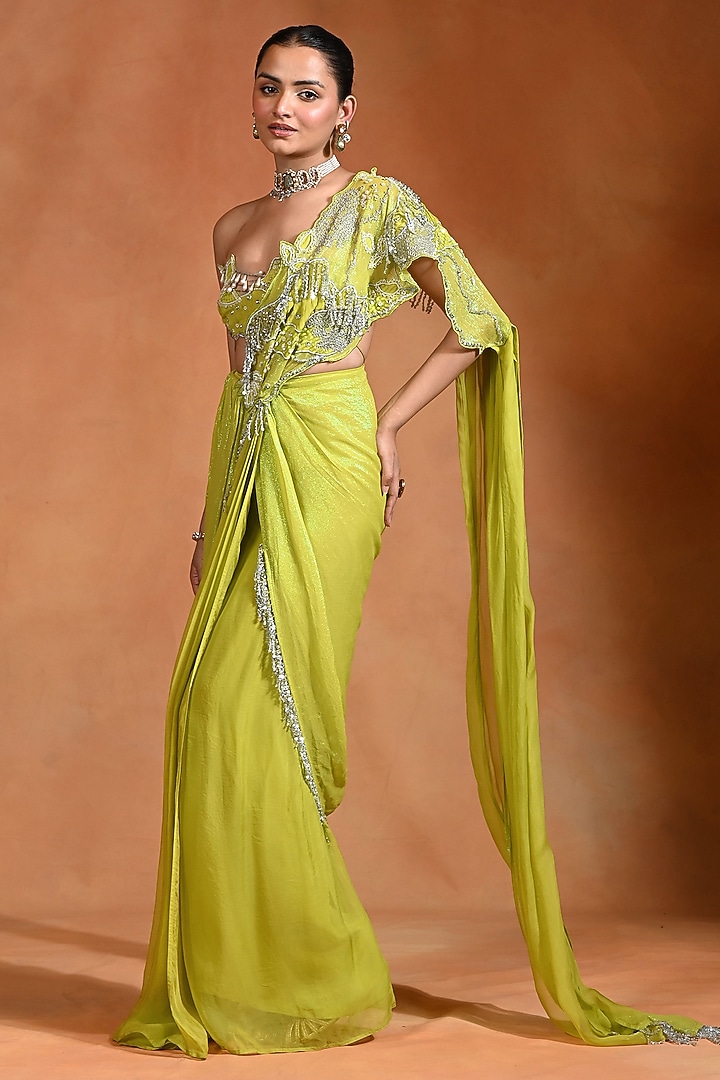 Lime Crepe & Georgette Hand Embroidered Draped Wedding Saree Set by Rishi & Vibhuti at Pernia's Pop Up Shop