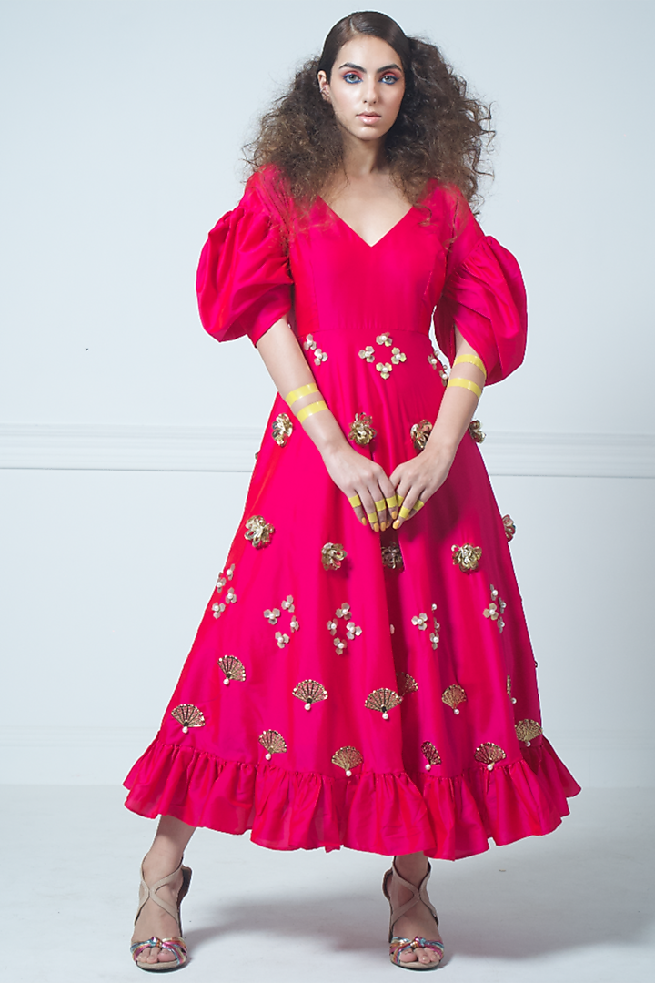 Hot Pink Floral Embellished Dress by Rishi & Vibhuti