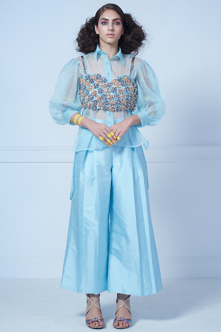 Ice Blue Pleated Pant Set by Rishi & Vibhuti at Pernia's Pop Up Shop