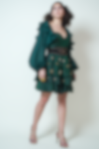 Bottle Green Embellished Mini Vacation Dress by Rishi & Vibhuti at Pernia's Pop Up Shop