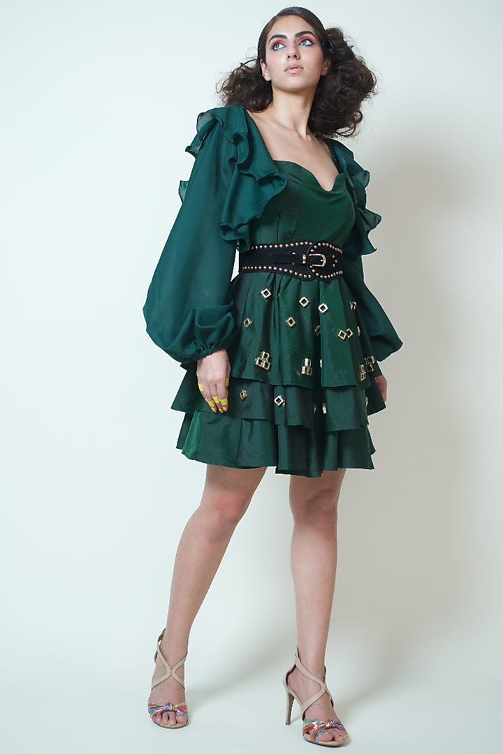 Bottle Green Embellished Mini Vacation Dress by Rishi & Vibhuti at Pernia's Pop Up Shop