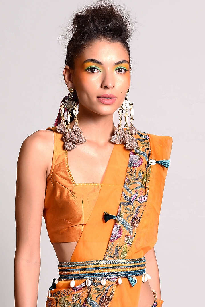 Dark Cheddar Organza GeorgetteTropical Printed Draped Party Wear Saree Set by Rishi & Vibhuti at Pernia's Pop Up Shop