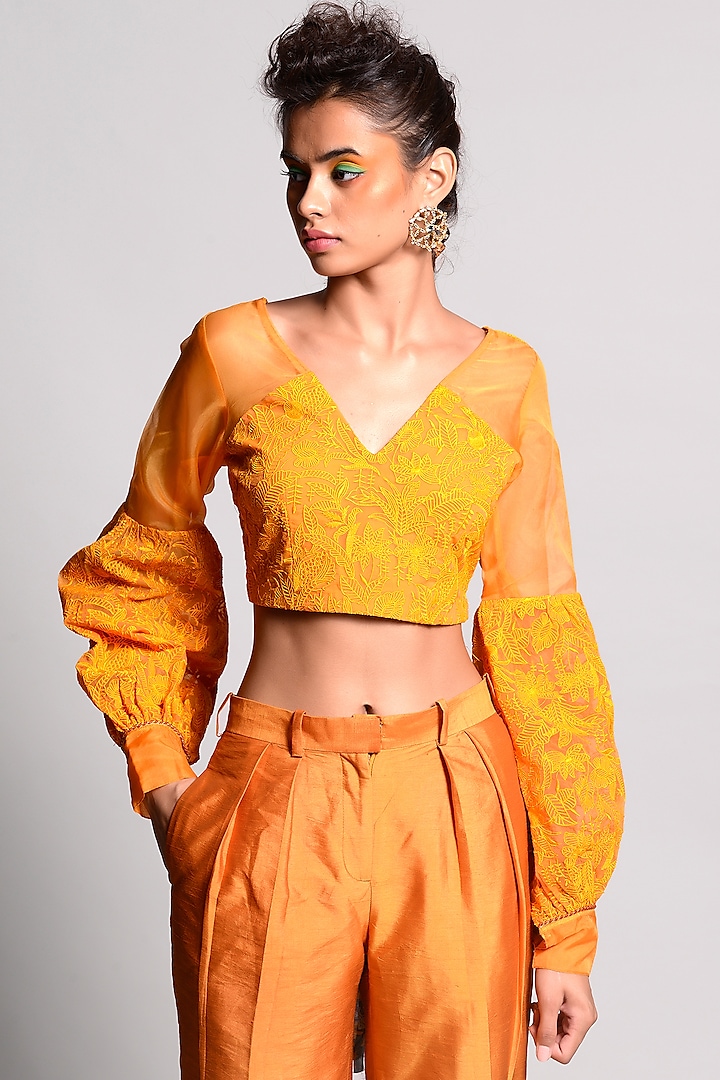 Ochre Thread Embroidered Work Blouse by Rishi & Vibhuti